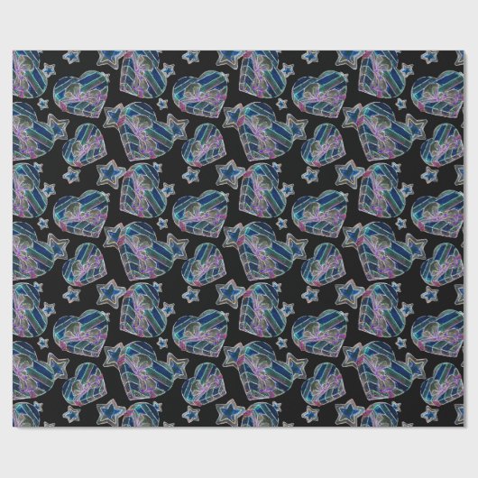 Schwarzes Licht Neon Glow Xmas Herzen und Sterne Geschenkpapier (Flach)