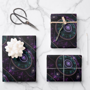 Schwarzes Lila Aquamarin Glow Magic Sphere Pattern Geschenkpapier Set