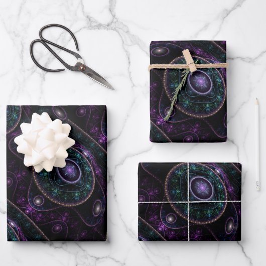 Schwarzes Lila Aquamarin Glow Magic Sphere Pattern Geschenkpapier Set (Vorderseite)
