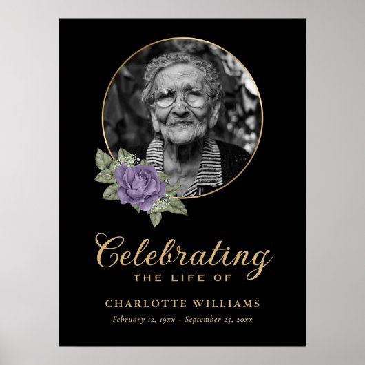 Schwarzes Lila Begräbnis Foto Begrüßungszeichen Poster (Vorne)