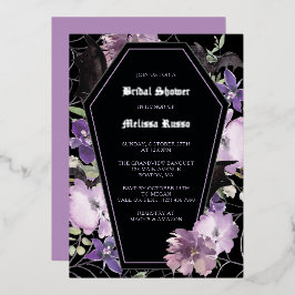 Schwarzes Lila Gotisches Blumencoffin-Brautparty Folieneinladung