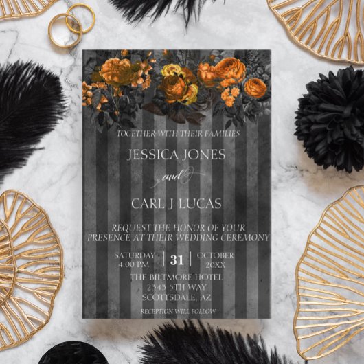 Schwarzes Lila Orangefarbenes BlumenHalloween Einladung