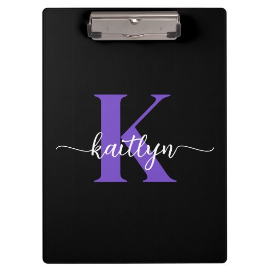 Schwarzes lila Schriftmonogramm Klemmbrett (Vorderseite)