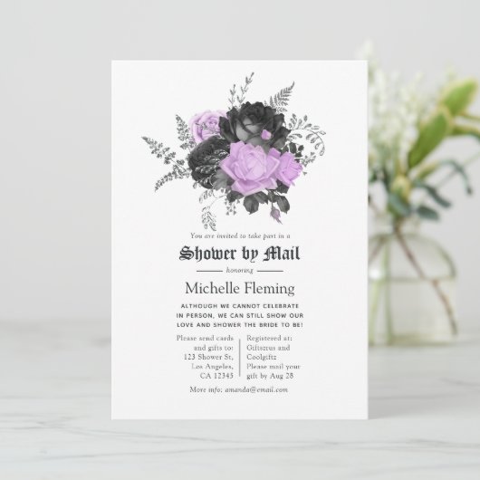 Schwarzes Lila und silberes florales Brautparty pe Einladung (Stehend Vorderseite)