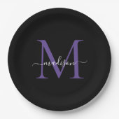 Schwarzes Lila Violet Monogram Modernes, elegantes Pappteller (Vorderseite)