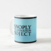 Schwarzes Logo des Spektrums auf einer blauen Kaffeetasse (Vorderseite Links)