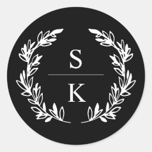 Schwarzes Lorbeerkranz-Monogramm-Hochzeitssiegel Runder Aufkleber