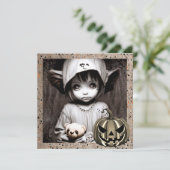 Schwarzes Mädchen mit großen Augen Halloween Einladung (Stehend Vorderseite)