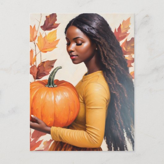 Schwarzes Mädchen mit Pumpkin-Herbstlauben Postkarte (Vorderseite)