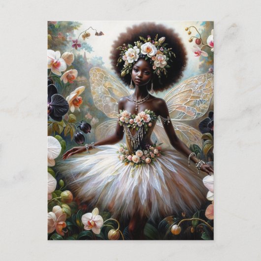 Schwarzes Mädchen Orchideen Fee mit Afro Postkarte (Vorderseite)