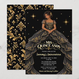 Schwarzes Mädchen Schwarzes Gold Barock Quinceañer Einladung