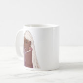 Schwarzes Mädchen weißes Haar mit rosa Grapefruito Kaffeetasse (Vorderseite Links)