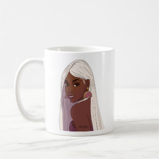 Schwarzes Mädchen weißes Haar mit rosa Grapefruito Kaffeetasse