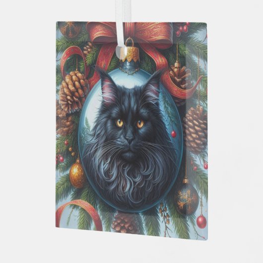 Schwarzes Maine Coon Cat Glass Ornament (Vorderseite links)