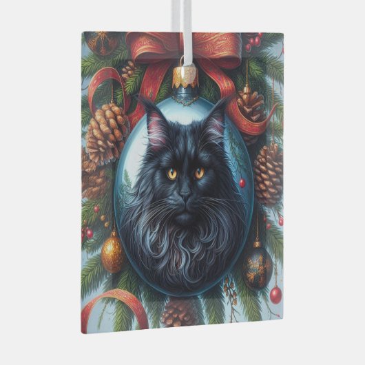 Schwarzes Maine Coon Cat Glass Ornament (Vorderseite Rechts)