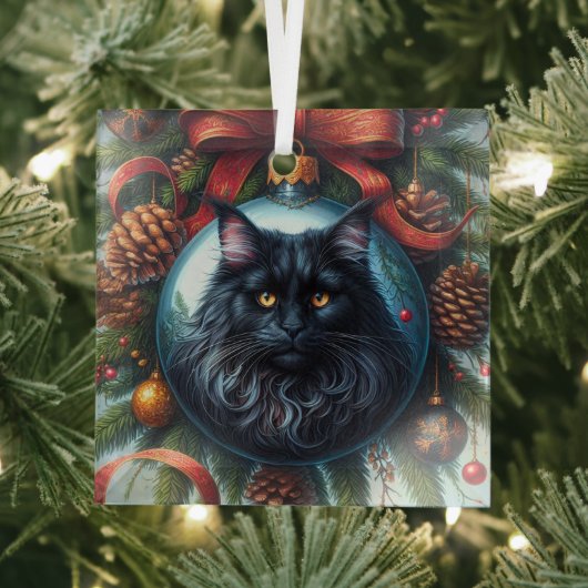 Schwarzes Maine Coon Cat Glass Ornament (Insitu)