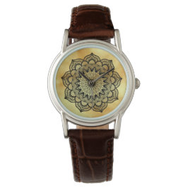 Schwarzes Mandala auf weichem goldfarbenem Hinterg Armbanduhr