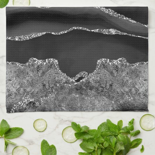 SCHWARZES MARBLE AGATE SILVER GLITZER GLAM GESCHIRRTUCH (Gefaltet)