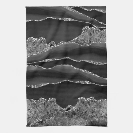 SCHWARZES MARBLE AGATE SILVER GLITZER GLAM GESCHIRRTUCH (Vertikal)