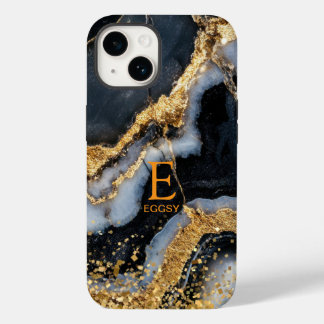 Schwarzes Marmor-Chic Gold-Glitter-Monogramm Case-Mate iPhone 14 Hülle