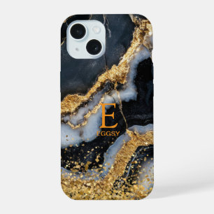 Schwarzes Marmor-Chic Gold-Glitter-Monogramm iPhone 15 Hülle