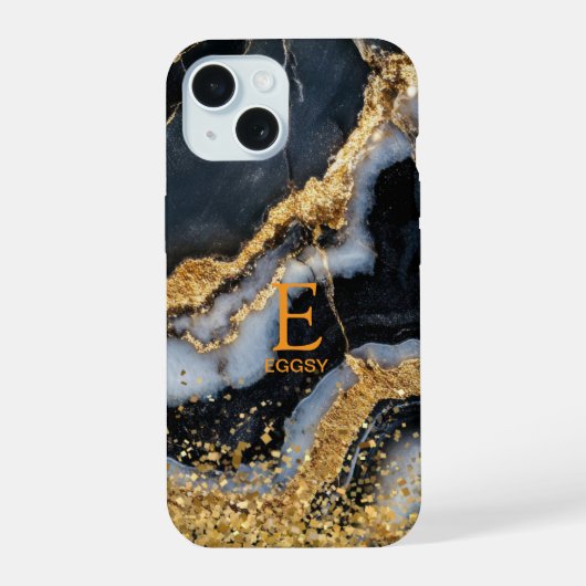 Schwarzes Marmor-Chic Gold-Glitter-Monogramm iPhone 15 Hülle (Rückseite)