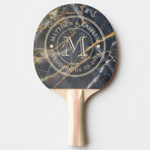 Schwarzes Marmor & Gold Stein Hochzeitsmonogramm Tischtennis Schläger