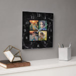 Schwarzes Marmormuster aus Foto der Familie Quadratische Wanduhr<br><div class="desc">Benutzerdefinierte Foto-Collage auf schwarzem Marmorhintergrund. Fügen Sie Ihre eigenen persönlichen Fotos hinzu,  um die Uhr zu personalisieren. Muss nicht nur quadratische Fotos hinzufügen,  andere Größen werden auch passen,  meistens. Wenn Sie Hilfe benötigen,  kontaktieren Sie mich bitte.</div>
