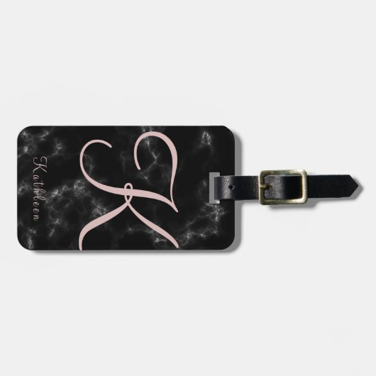 Schwarzes MarmorRosen-Goldmit Monogramm Initiale Gepäckanhänger (Vorderseite horizontal)