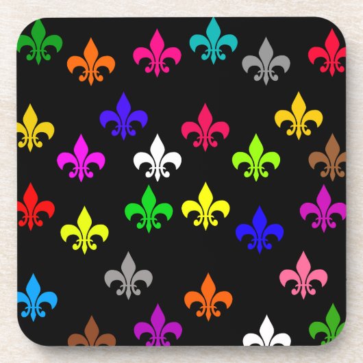 Schwarzes, mehrfarbiges Fleur-de-lis-Muster Getränkeuntersetzer (Vorderseite)