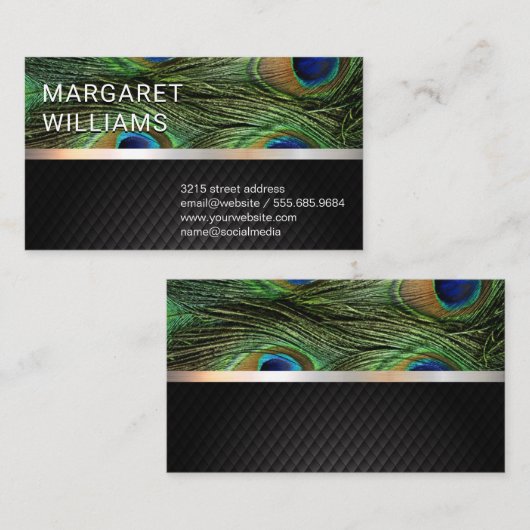 Schwarzes Mesh | Silver Metallic Peacock Feathers Visitenkarte (Vorne/Hinten)