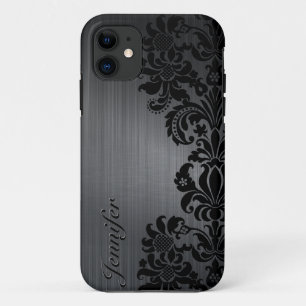 Schwarzes Metallic gebürstetes Aluminium & Florale iPhone 11 Hülle