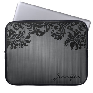 Schwarzes Metallic gebürstetes Aluminium & Florale Laptopschutzhülle