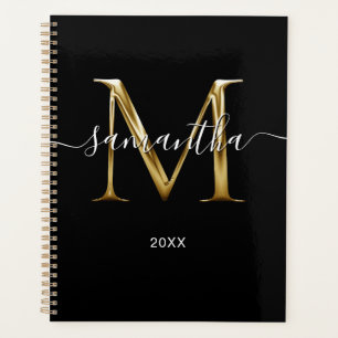 Schwarzes Metallic Girly Signature M Monogramm Planer