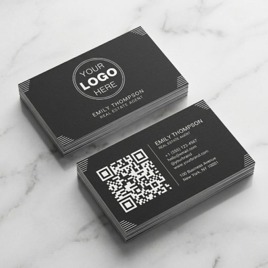 Schwarzes minimalistisches Art Deco QR-Code-Layout Visitenkarte