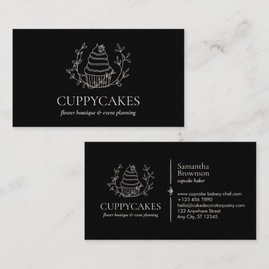 Schwarzes Minimalistisches Blumengebäck Erdbeere C Visitenkarte (Vorne/Hinten)