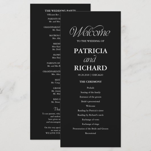 Schwarzes minimalistisches Hochzeitsprogramm für d Programm (Vorne/Hinten)
