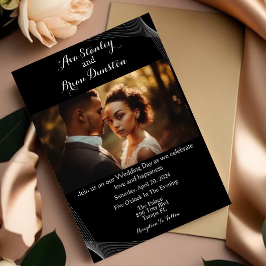 Schwarzes Minimalistisches Modernes Foto Hochzeit Einladung