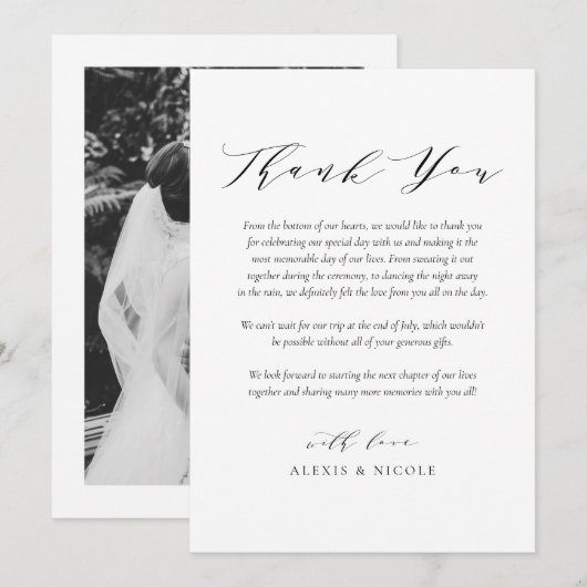 Schwarzes Minimalistisches Script-Hochzeitsskript- Dankeskarte (Vorne/Hinten)