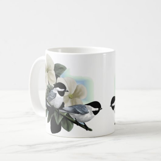 Schwarzes mit einer Kappe bedeckte Chickadee Kaffeetasse (Vorderseite Links)