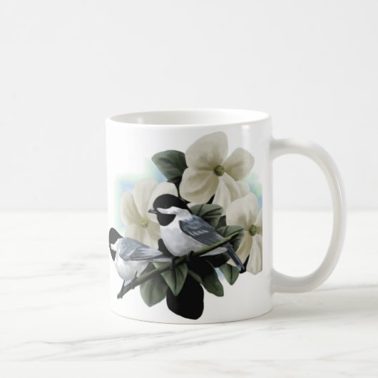 Schwarzes mit einer Kappe bedeckte Chickadee Kaffeetasse (Rechts)