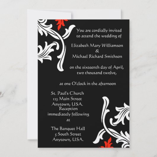 Schwarzes mit weißer und roter Damast-Hochzeit Einladung (Vorderseite)