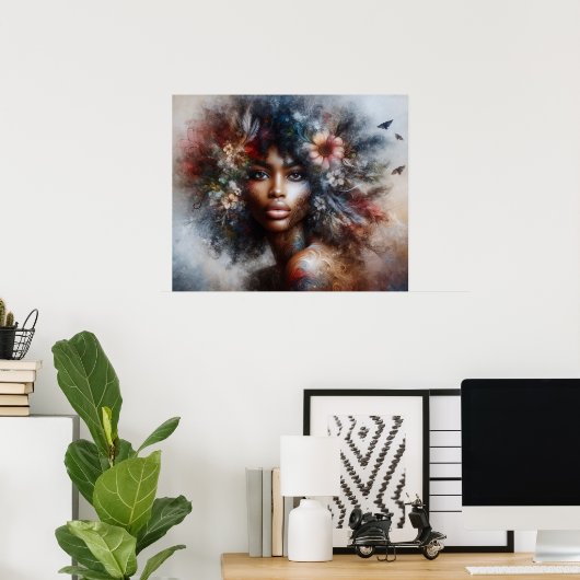 Schwarzes Modell High Fashion Frau Schöne Flora Poster (Heimbüro)