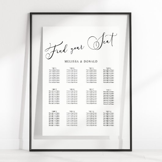 Schwarzes modernes einfaches Skript-Hochzeits-Sitz Poster