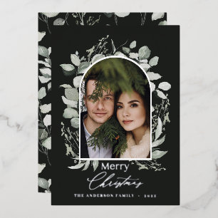 Schwarzes, modernes, elegantes Eukalyptusgrün-Foto Folien Feiertagskarte