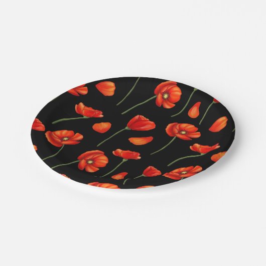 Schwarzes Mohnmuster Pappteller (Schrägansicht)