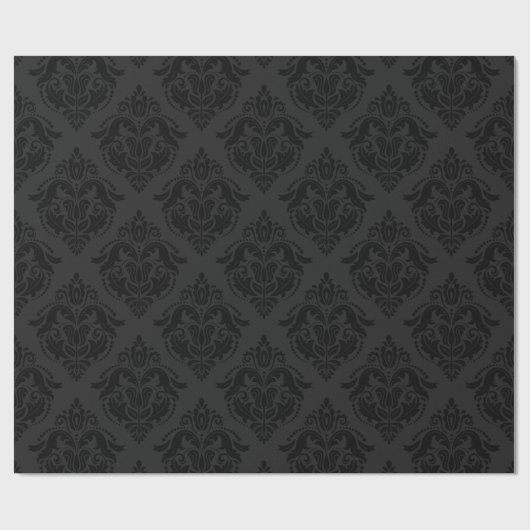 Schwarzes monochromatisches Floral Damask Muster Geschenkpapier (Flach)