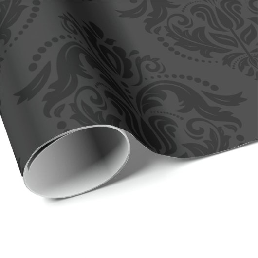 Schwarzes monochromatisches Floral Damask Muster Geschenkpapier (Rolleneckpunkt)