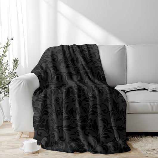 Schwarzes monochromes Vintage-Damaskmuster Fleecedecke