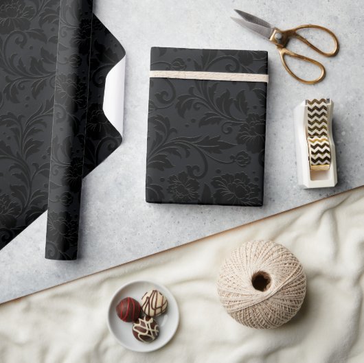 Schwarzes monochromes Vintage-Damaskmuster Geschenkpapier (Kunsthandwerk)